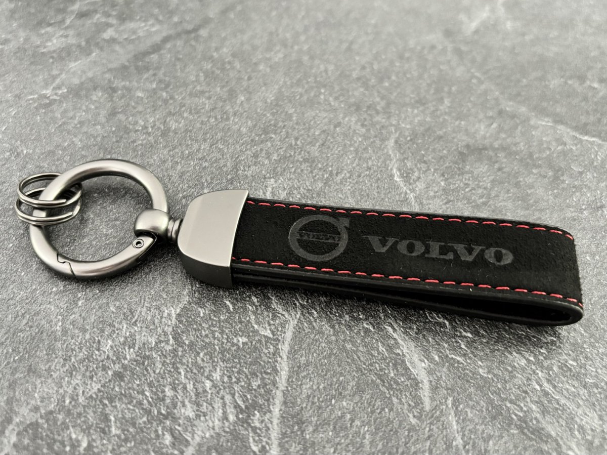 Volvo sleutelhanger automerk - Zwart - Suède - Rode stiksels