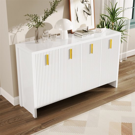Sweiko Lage tv-kast met gestructureerde deuren, laag paneel, kast met gouden handgrepen, woonkamerkast met gouden poten (wit, 175 x 30 x 46 cm