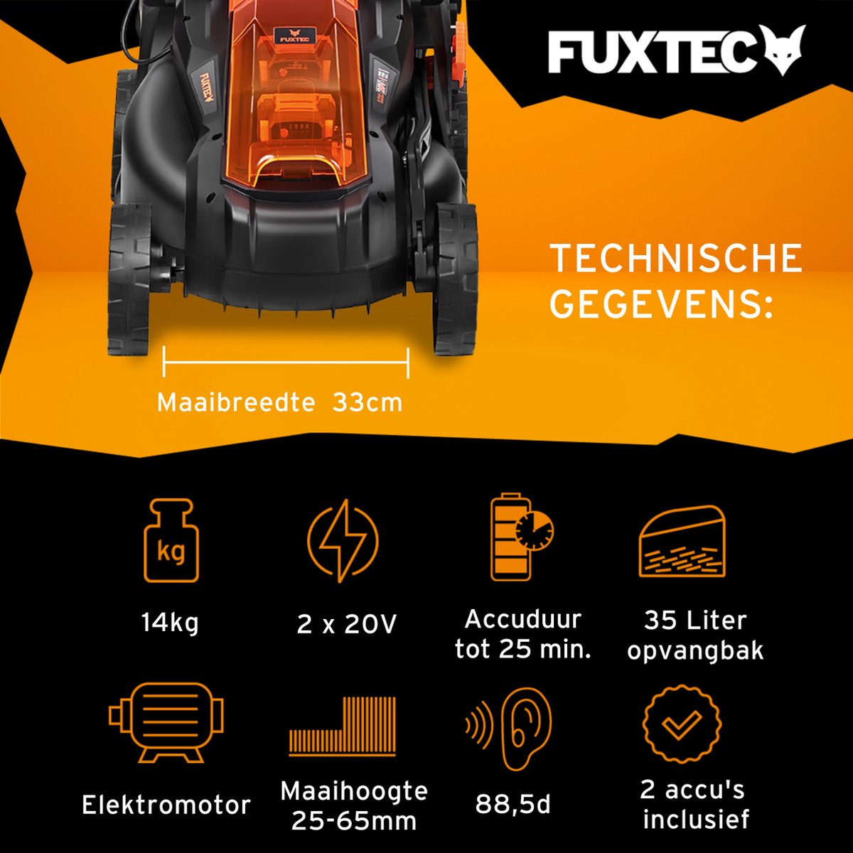 Accu grasmaaier 40V (2X20V) - FUXTEC FX-E1RM20 - breedte 33cm 2 accu's Li-Ion 2Ah, dubbele lader 2,4A, vultrechter 35L – foto 6