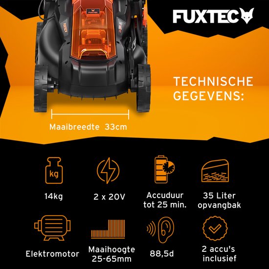Accu grasmaaier 40V (2X20V) - FUXTEC FX-E1RM20 - breedte 33cm 2 accu's Li-Ion 2Ah, dubbele lader 2,4A, vultrechter 35L
