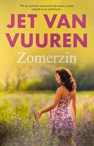 Boekcover: Vrouw met bruin haar in zomerjurk met paarse bloemenprint, hand aan paarse bloemen. Titel: Jet van Vuren Zomerzin.