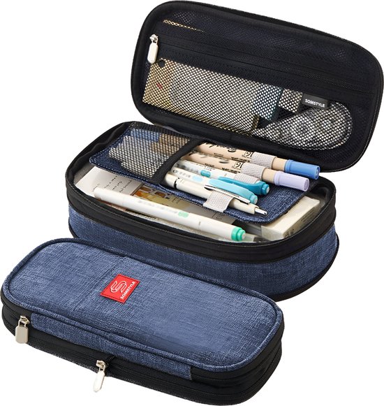 Somstyle Luxe Pennen Etui - Pennenzak Voor Kinderen en Volwassenen - Schooletui voor Jongens en Meisjes - Grote Capaciteit - Blauw