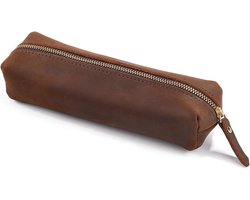 Crazy Horse Large Capacity Leather Pencil Case - Portable Rectangular Zipper Pen Case for Men and Women - Office Supplies - Genuine Leather (Black)