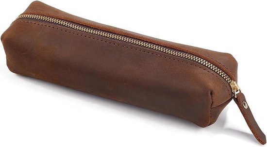 Crazy Horse Large Capacity Leather Pencil Case - Portable Rectangular Zipper Pen Case for Men and Women - Office Supplies - Genuine Leather (Black)