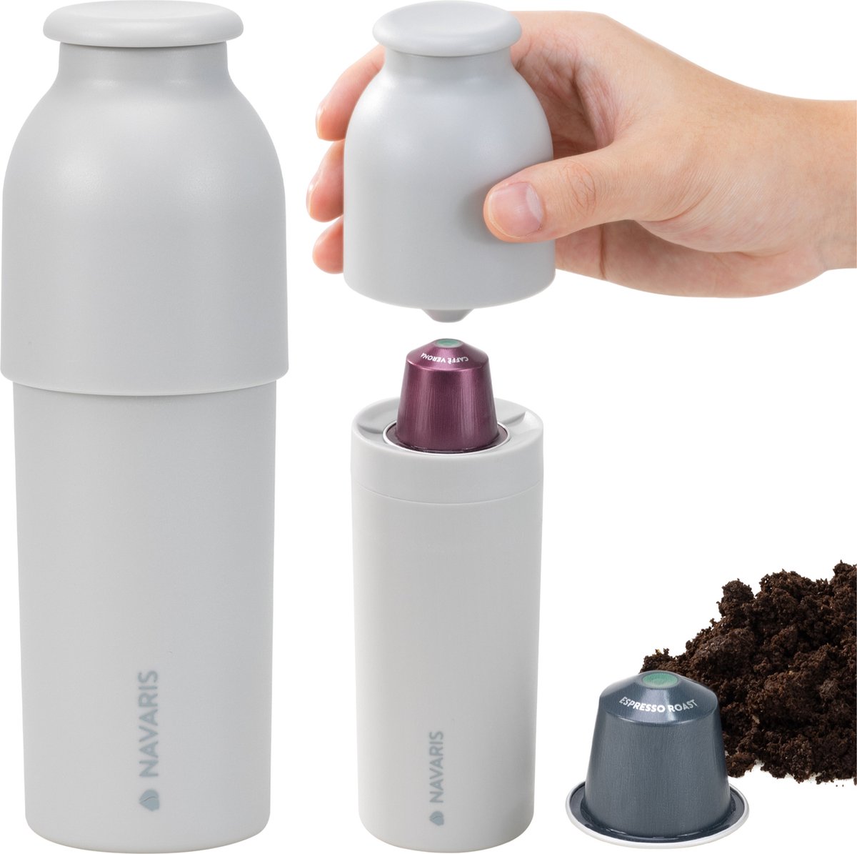 Navaris koffiecups recycler scheidt afval Scheidt het aluminium van het koffiedik Maak compost Recycle afvalbak Koffiecapsules leger Grijs