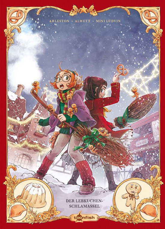 Twee meisjes in winterkleding met bezems, omringd door peperkoekmannetjes en sneeuw. Bovenaan de titel 'ARLESTON ALWETT MINI LUDVIN'.