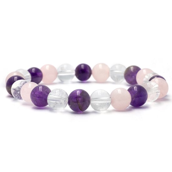 Armband met afwisselend paarse amethist, roze rozenkwarts en heldere bergkristallen.