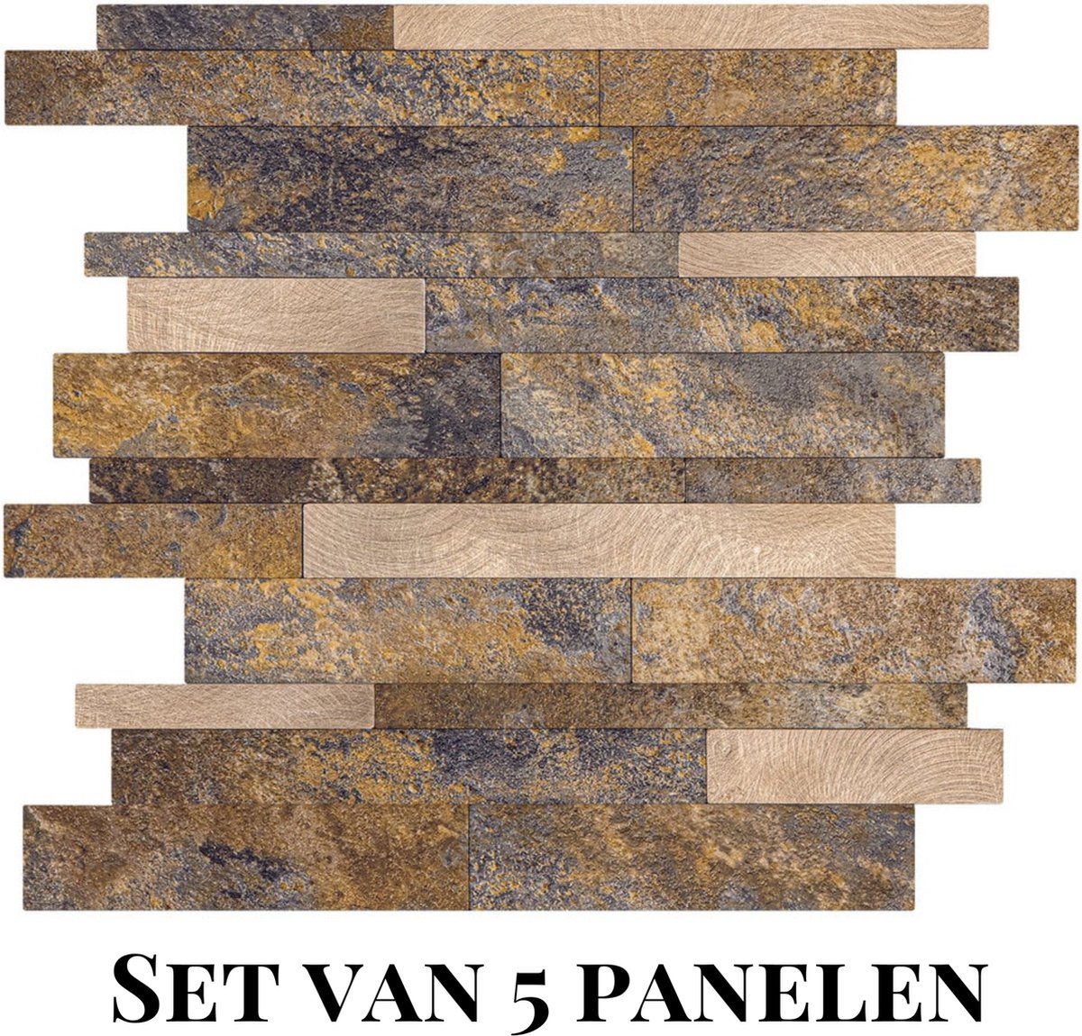 Wallways Wandpanelen - Plaktegels - Set van 5 Tegels - Tegelsticker - Zelfklevende Tegels - 4MM dik - Aluminium toplaag - Waterdicht - Krasbestendig - Hittebestendig - 3M Kleeflaag - Mozaiek Strips Koper