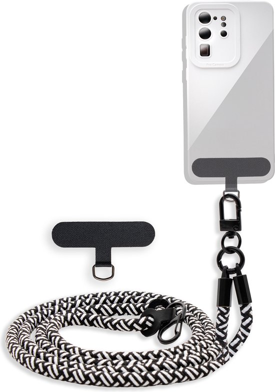 Chaîne de téléphone portable Cadorabo adaptée au WIKO Y60 en NOIR - BLANC avec cordon de sangle réglable à accrocher autour du cou
