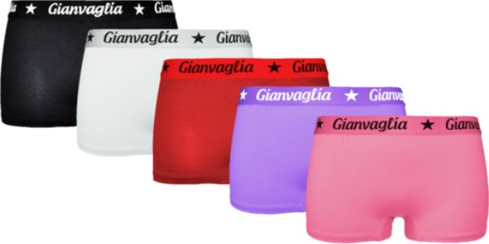 5-pack boxershorts in zwart, wit, rood, lila en roze, elk met een 'Gianvaglia' band.