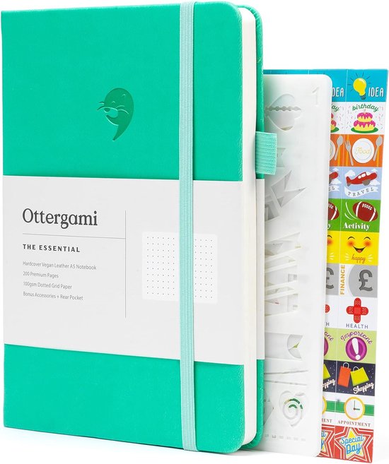 Ottergami Notitieboek A5 - Notebook Journal met Puntjes - Hoogwaardig Dik Papier 100g/m² - 192 pagina’s - Bullet Journal Blauw/Groen Dagboek - Vegan Lederen Kaft Blue/Green - Hardcover - Bonus: set van 140 Dagboek Stickers - Back To School