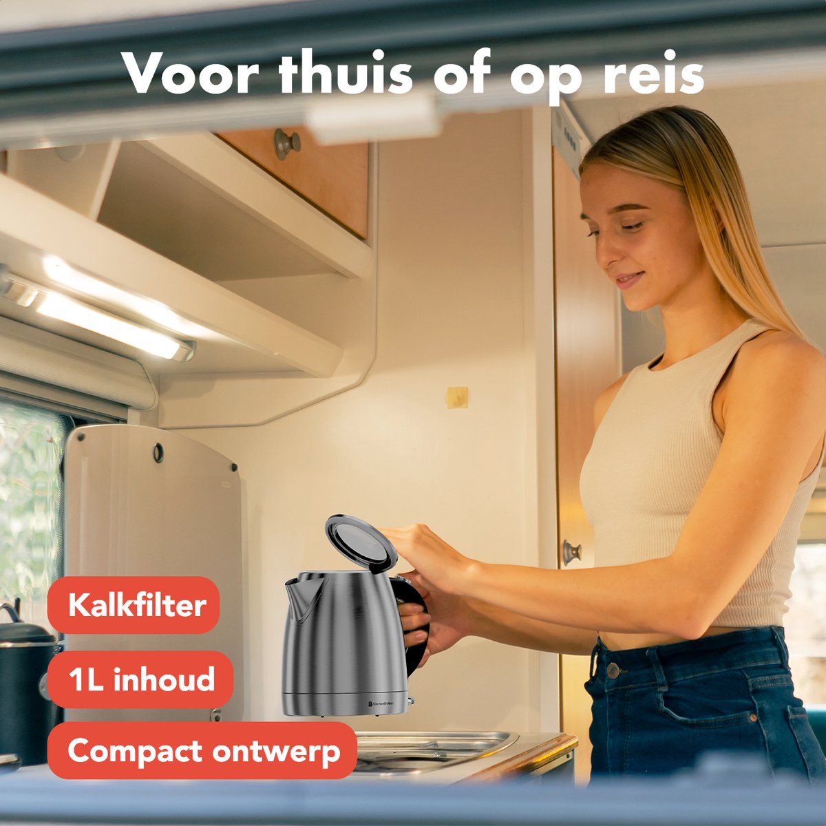 KitchenBrothers Waterkoker - Elektrisch - 1 Liter - PFAS- & BPA-vrij - Klein Camping Formaat - Reiswaterkoker met Kalkfilter - RVS – foto 3