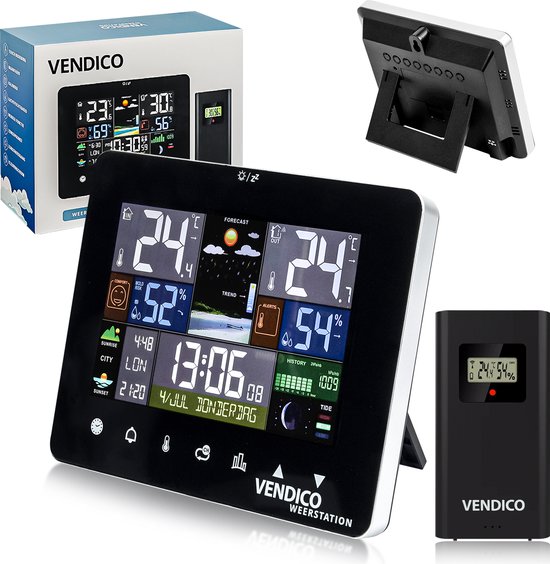 Foto: Vendico weerstation binnen en buiten draadloos weerstation met buitensensor hygrometer thermometer kleurendisplay