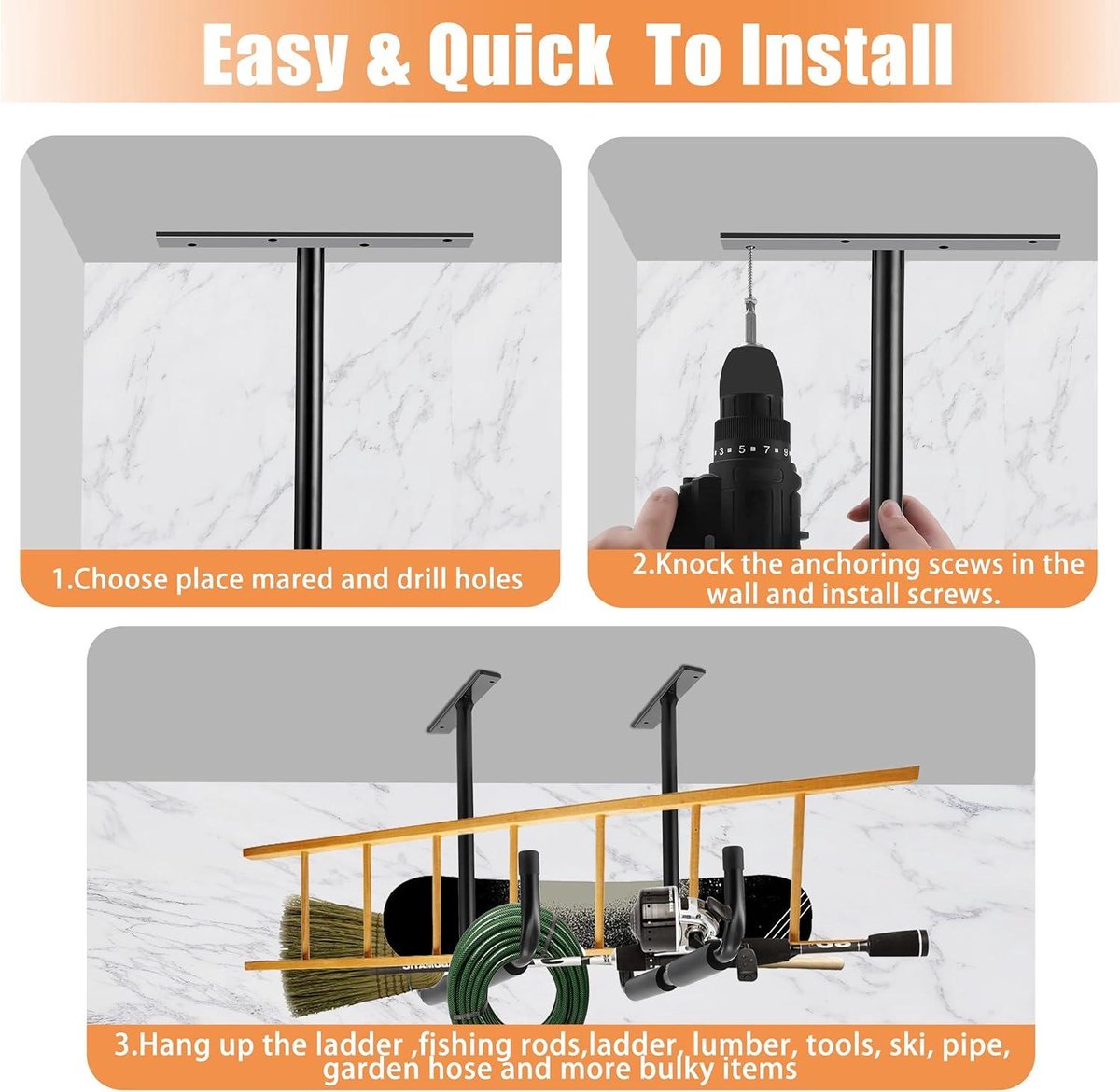 Ladderhaken voor garageplafond, 13,4 inch wandgemonteerde garage-opberghaken, zware hulphanger voor ladder, hout, gereedschap, tuinslang en fiets (2 stuks, zwart