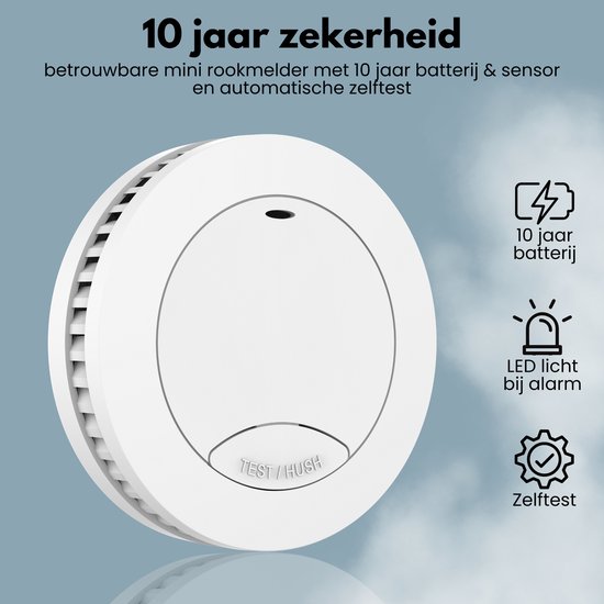 Witte, ronde rookmelder met 'TEST / HUSH' knop. Icons tonen 10 jaar batterij, LED bij alarm, zelftest. Tekst: 10 jaar zekerheid.