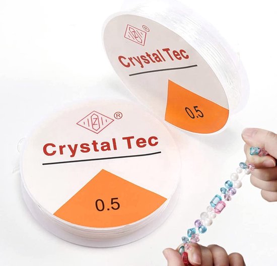 Twee spoelen Crystal Tec 0.5 mm elastisch draad met kralenketting.