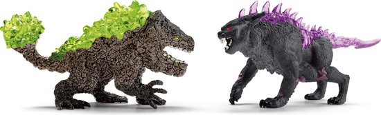 De Rock Crusher met groene kristallen en de Shadow Lynx met paarse kristallen, naast elkaar.