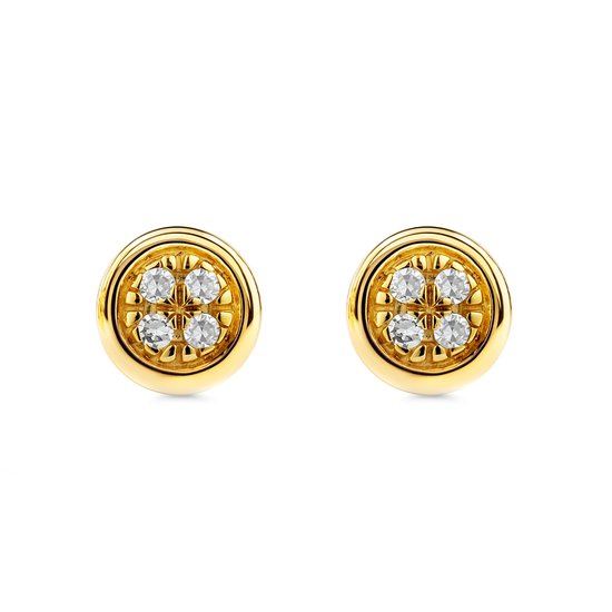 Twee gouden knopjes met in het midden vier kleine diamanten in een cirkelvormige setting.