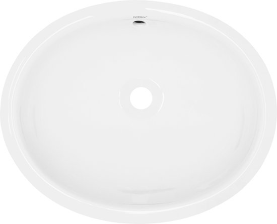 Lavabo blanc en céramique, ovale, avec drain argenté et nom de marque 'LuxeBath'.