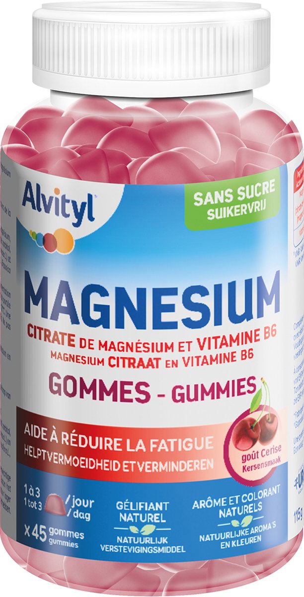 Goedkoopste Alvityl® Magnesium Gummies & Vitamine B6 - Extra Energie - Vermoeidheid & Stress - Suikervrij - Kersen - 45 Gummies