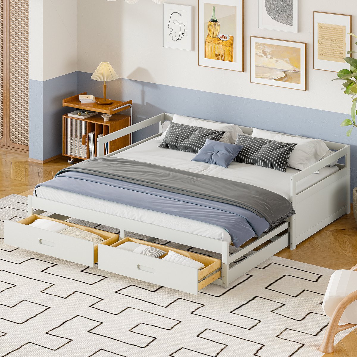 Sweiko 90/180x200cm Uitschuifbare Slaapbank, Rekbaar, met lade en platte noedelsvoet, Dennenbed met opbergruimte, Wit(Geen matras)