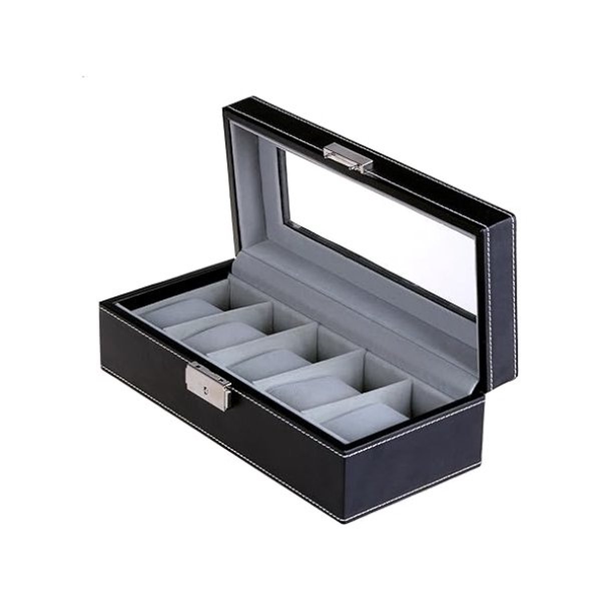 Bekijk doos met 5 compartimenten, glazen deksel, horlogebox met zachte fluwelen voering, presentatie en opslag van horloges, met vergrendeling en sleutels,
