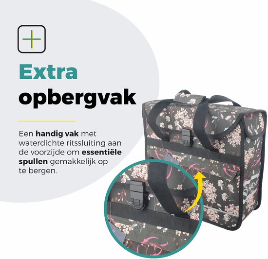 Voltano Enkele Shopper Fietstas - 17 Liter - Pink Elegance - Zwart Met Witte Bloemen - Waterdicht - Luxe Universele Bevestiging van Voltano — afbeelding 3