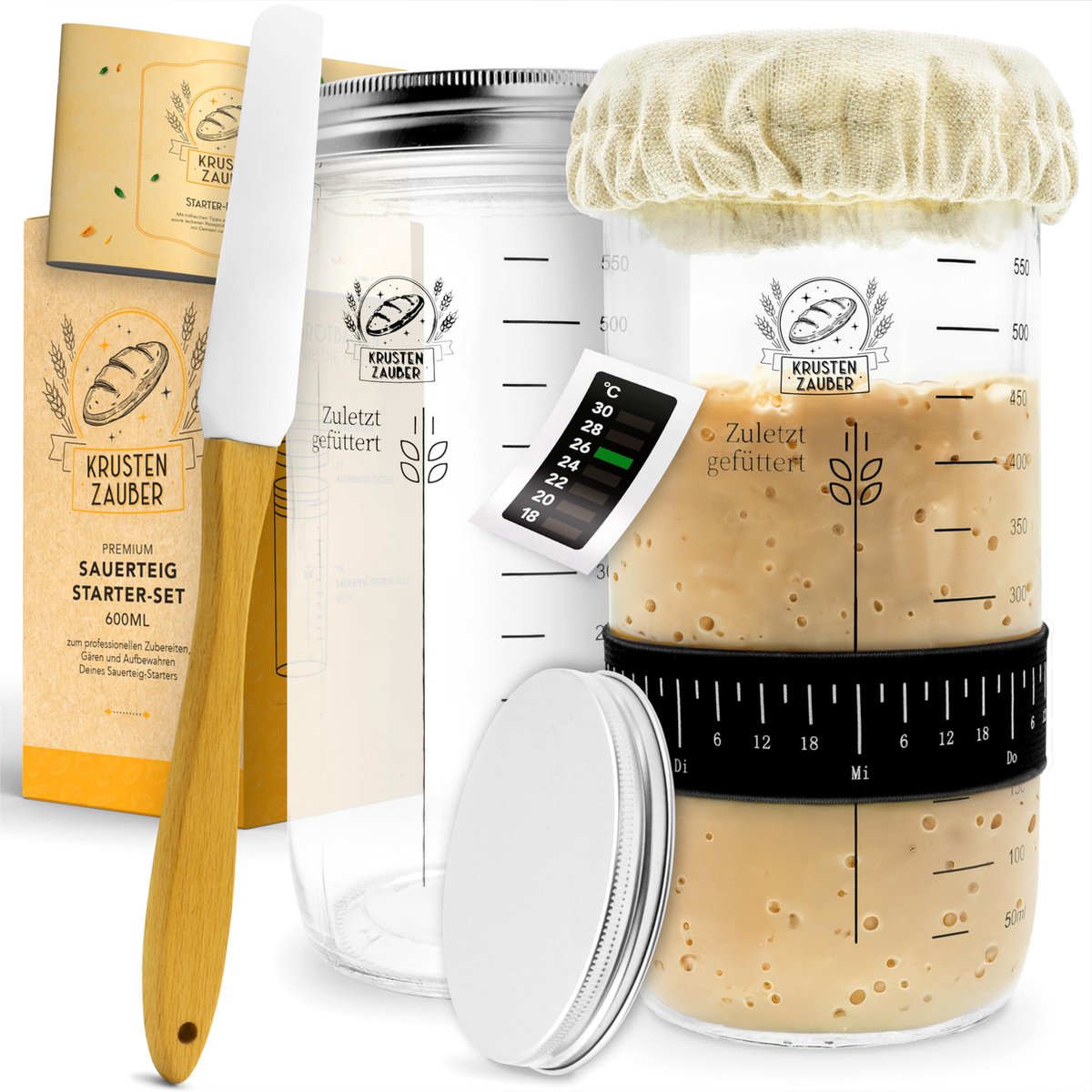 KRUSTENZAUBER 2x zuurdesem starter set - 2x 600 mL fermentatieglas met spatel en thermometer - broodbakaccessoires, zuurdesemglas, fermenteren, zuurdesemstartpakket, starterglas, fermentatie glas