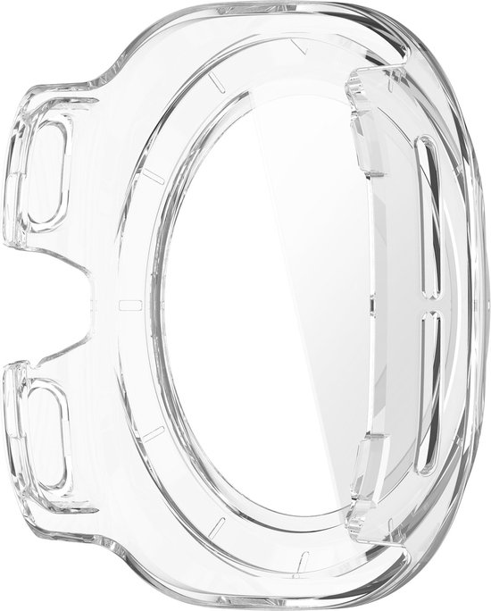 Transparante hardcase hoesje voor een smartwatch, rond ontwerp met knoppen aan de zijkant.