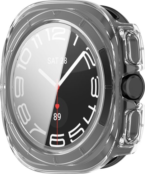Transparant hoesje met zwart smartwatch, met wijzerplaat en datum.