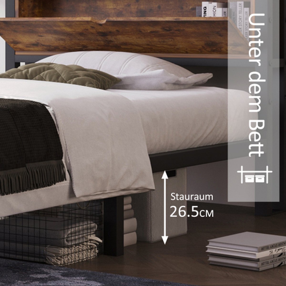 MOFLUT metalen bed 90x200, eenpersoonsbed met opbergruimte onder het bed (bedden 90x200cm, zwart
