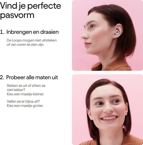 Vrouwen in profiel, die de pasvorm van Loop oordopjes demonstreren.