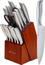 Bol.com KitchenBrothers Messenset - Messenblok - 16-Delig - met Schaar en Aanzetstaal - Acacia wood aanbieding