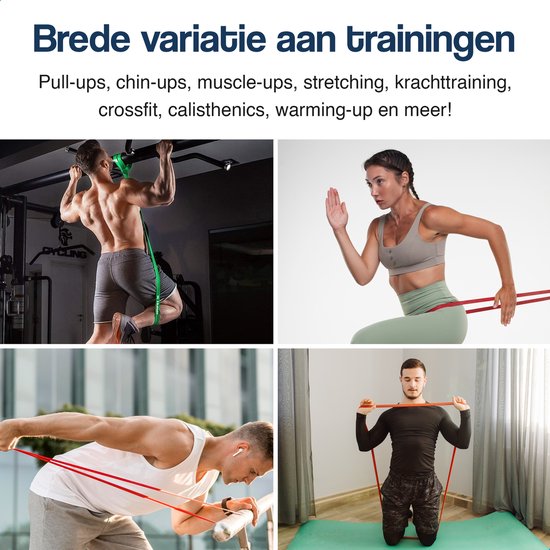 Collage van vier beelden: man doet pull-up met groene band, vrouw doet oefening met rode band, man doet oefening met rode band, man doet oefening met rode band.