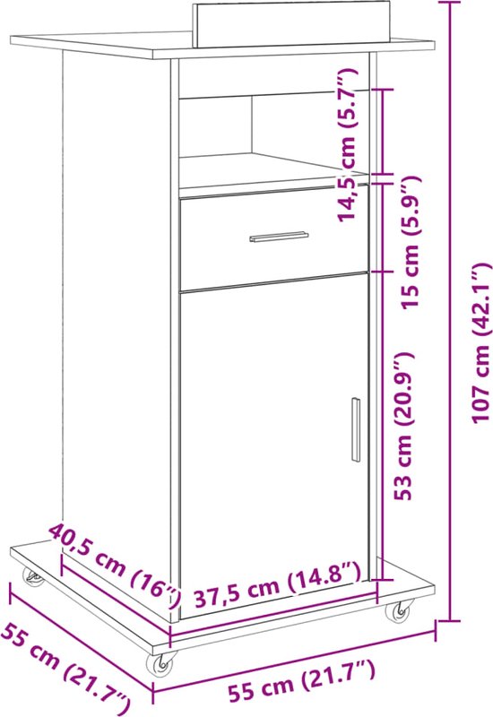 Lessenaar vidaXL - Lessenaar - met - wielen - en - lade - 55x55x107 - cm ...