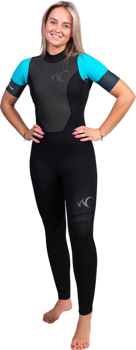 Watrflag wetsuit Perth Dames - korte mouwen van Lycra - 3 mm Premium neopreen - zwart/grijs/turquoise M