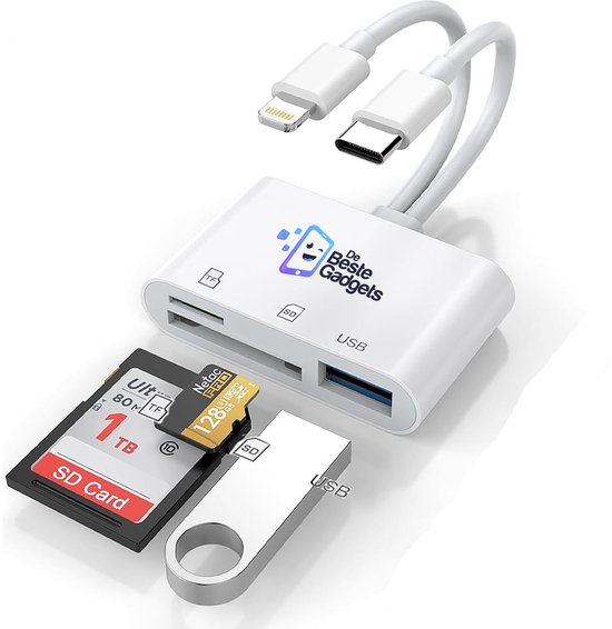 De Beste Gadgets Cardreader 3 in 1 - Lightning+USB-C Combi Kaartlezer geschikt voor iPhone en iPad en Android- Camera Connection kit