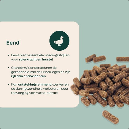 Eend, cranberry en yucca-extract, goed voor spierkracht, urinewegen, darmgezondheid en ontstekingsremmend.