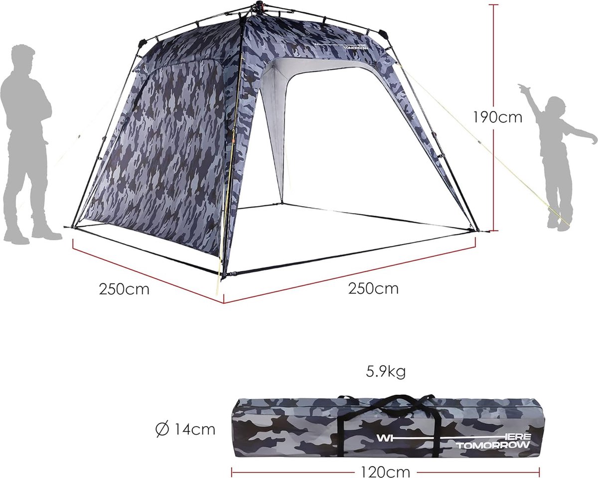 Outdoor paviljoen 2 5 x 2 5 m waterdicht en uv-bescherming tuintent incl. 1 x zijpaneel tas en haringen robuuste camping en partytent pop-up tent in 2 minuten camouflage-grijs