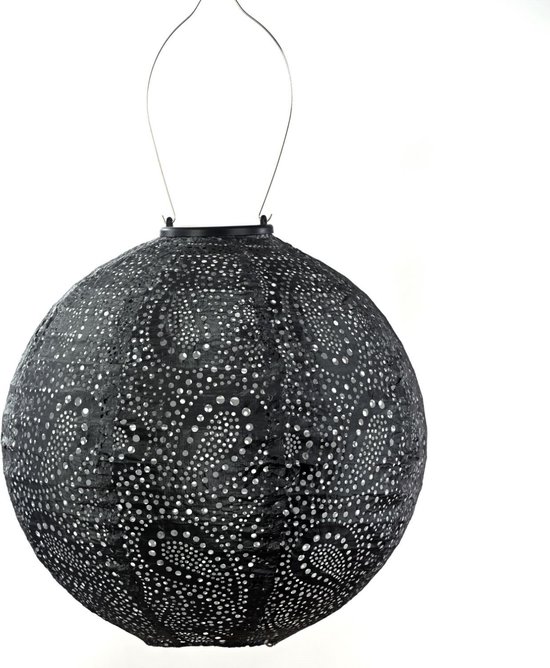 Donkergrijze, ronde solar lampion met een gedetailleerd paisley patroon.