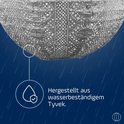 Zilverkleurige, ronde lampion met perforaties. Gemaakt van waterbestendig Tyvek.