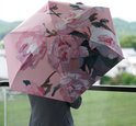 Persoon in grijs jasje, van achteren gezien, die een geopende paraplu met een roze pioenrozen schilderij vasthoudt.