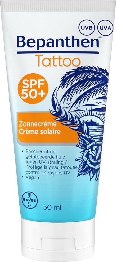 ​Bepanthen Tattoo Zonnecrème SPF 50+ | 50 ml | Beschermt en Hydrateert Getatoeëerde Huid | Behoudt Kleurintensiteit | Waterafstotend en Snel Intrekkend​