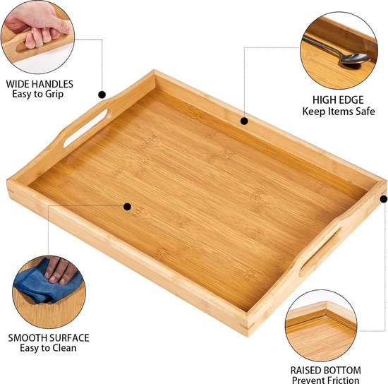 Grote houten dienblad met handgrepen, rechthoekige bamboe dienbladen