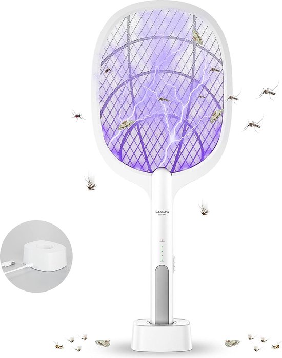 DANGZW Elektrische Vliegenmepper, 2 in 1 4000V USB Oplaadbare Elektrische Vliegenmepper met Oplaadbasis, Elektrische Vliegenvanger Insectendoder voor Muggen, Vliegen, Bijen, Motten