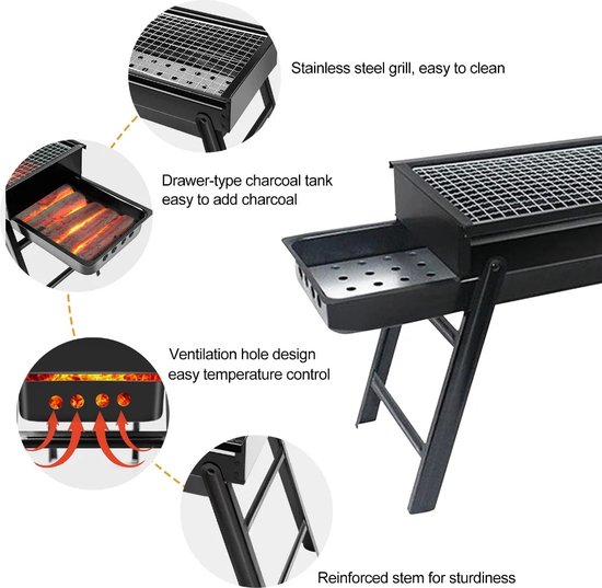Barbecue Houtskool - Opvouwbare BBQ - Compact - Inklapbare Grill Met Rooster - Camping - Tafel - Strand - Zomer - Picknick - Rechthoekig - Roestvrij Staal - Zwart - 60x22x33 cm van Merkloos — afbeelding 2