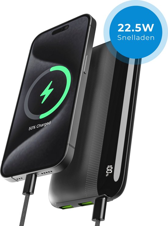 Voomy Powerbank 10.000 mAh - 22.5W Snellader - PD+QC USB C & USB A - Batterij Display - Geschikt voor iPhone 10, 11, 12, 13, 14, 15 & Samsung S20, S21, S22, S23, S24 - Zwart