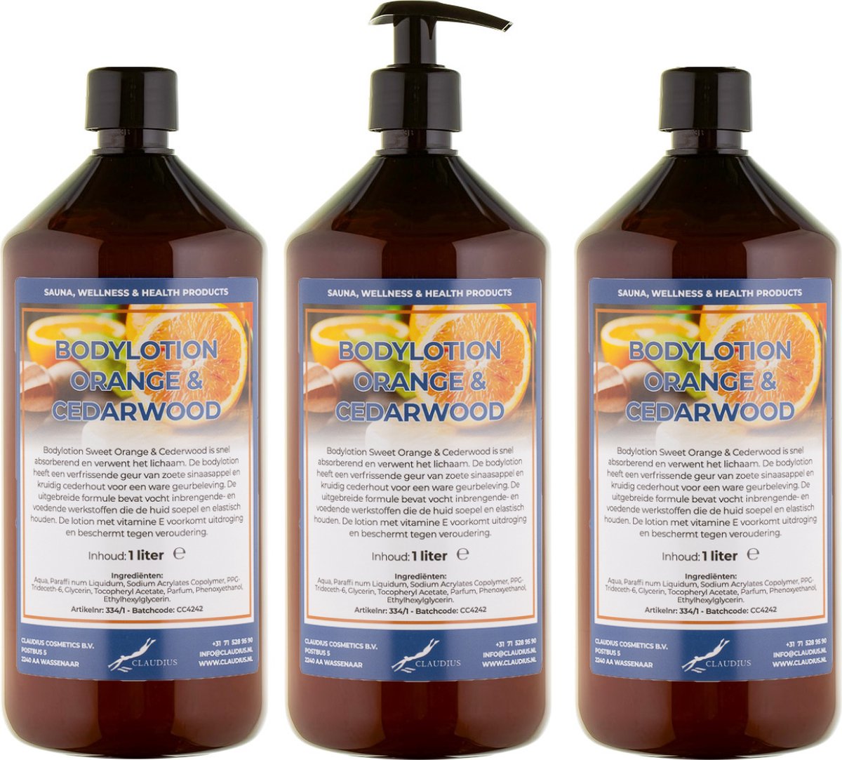Bodylotion Sweet Orange & Cedarwood 1 Liter - met gratis pomp - set van 3 stuks