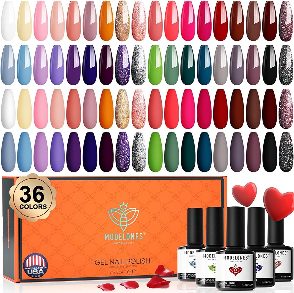 modelones Gellak 36 Kleuren Rood Glitter Roze Gel Nail Polish Soak Off Nagellak Wit Gel Lak Nagel Manicure Set voor Nail Art Manicure Nagelstudio Kerst Cadeau