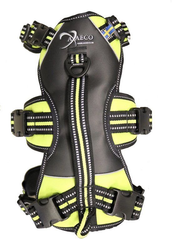 Harnais pour chien Axaeco Broad Peak noir avec des accents jaunes et des rayures réfléchissantes, sur fond blanc.